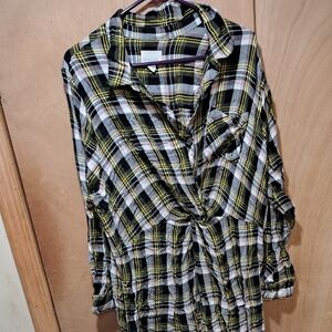 Caslon Plaid Long Sleeve Dress - Black, White, Yellow